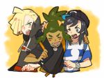  3boys arm_around_shoulder backpack bag bangs_pinned_back baseball_cap black_hair black_shirt blonde_hair blush capri_pants dark_skin dark_skinned_male gladio_(pokemon) green_eyes green_hair grey_eyes hair_ornament hair_over_one_eye hairclip hand_on_another&#039;s_head haruyasai_(sanbunno) hat hau_(pokemon) hood hoodie locked_arms male_focus male_protagonist_(pokemon_sm) multiple_boys one_eye_closed open_mouth orange_background pants pokemon pokemon_(game) pokemon_sm shirt short_hair simple_background smile striped striped_shirt t-shirt topknot upper_body z-ring 