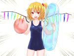 ball beachball blonde_hair blush collarbone cowboy_shot crystal flandre_scarlet hair_bobbles hair_ornament highres holding holding_ball innertube kisamu_(ksmz) no_hat no_headwear one-piece_swimsuit open_mouth red_eyes school_swimsuit short_hair side_ponytail simple_background swimsuit touhou white_background wings 