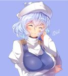  1girl 2016 ^_^ blue_background blue_hair blue_vest blush breasts closed_eyes dated epaulettes eyebrows eyebrows_visible_through_hair facing_viewer hair_between_eyes hat juliet_sleeves kokka_han large_breasts letty_whiterock long_sleeves pin playing_with_own_hair puffy_sleeves short_hair smile solo touhou turtleneck upper_body vest white_hat 