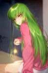  1girl back c.c. code_geass creayus fireworks green_hair grin long_hair looking_at_viewer sitting smile solo sparkler sweater 