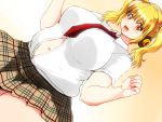 1girl blonde_hair blush breasts date_pun good_meat_day headphones huge_breasts isuna looking_at_viewer meat_day midriff navel necktie nitroplus number_pun open_mouth orange_eyes pleated_skirt plump red_necktie school_uniform shirt skirt smile solo super_pochaco thick_thighs twintails white_shirt wide_hips 