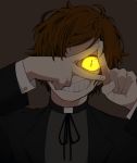  1boy bill_cipher bipper brown_hair dipper_pines glowing glowing_eyes gravity_falls grey_background grin one_eye_covered possessed priest short_hair simple_background slit_pupils smile yellow_sclera 