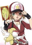  &gt;_&lt; 1girl :3 adjusting_clothes adjusting_hat artist_name baseball_cap black_gloves brown_hair card_captor_sakura closed_eyes clow_card commentary_request female_protagonist_(pokemon_go) fingerless_gloves gloves green_eyes hat highres kero kinomoto_sakura open_mouth panyatteria poke_ball pokemon pokemon_go short_hair 