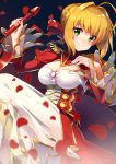  1girl absurdres ahoge blonde_hair breasts cleavage dress fate/extra fate_(series) green_eyes highres holding holding_sword holding_weapon ichiren_namiro large_breasts looking_at_viewer petals saber_extra see-through shiny shiny_skin short_hair smile solo sword weapon 