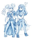  2girls :3 :d aoki_hagane_no_arpeggio bangs bbb_(friskuser) blue blunt_bangs breasts character_doll chihaya_gunzou choker commentary_request dress hair_ornament hairclip holding_doll hyuuga_(aoki_hagane_no_arpeggio) knees_together_feet_apart kongou_(aoki_hagane_no_arpeggio) labcoat large_breasts legs_crossed long_hair monochrome monocle multiple_girls open_mouth pantyhose pencil_skirt puffy_short_sleeves puffy_sleeves revision sewing short_sleeves sidelocks simple_background sketch skirt sleeves_past_wrists smile sweat sweater traditional_media translation_request two_side_up white_background 