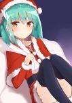  1girl alternate_costume aqua_hair black_legwear brown_eyes capelet commentary_request fate/grand_order fate_(series) hair_between_eyes hat horn kanase_(mcbrwn18) kiyohime_(fate/grand_order) long_sleeves looking_at_viewer out_of_frame santa_costume santa_hat sitting solo 