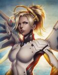  1girl absurdres artist_name backlighting blonde_hair blue_eyes blue_sky bodysuit breasts clouds cloudy_sky glowing glowing_wings high_ponytail highres lips looking_at_viewer mechanical_halo mechanical_wings medium_breasts mercy_(overwatch) nose overwatch pink_lips signature sky solo spread_wings tingzuo_liu upper_body wings yellow_wings 