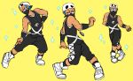  1boy bandanna bare_shoulders biceps blue_hair closed_eyes covered_mouth dancing dark_skin dark_skinned_male index_finger_raised jewelry male_focus muscle necklace pokemon pokemon_(game) pokemon_sm sanpaku shoes simple_background sneakers tank_top team_skull_grunt teazombie yellow_background 