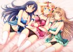  3girls arm_up babydoll bangs bed_sheet blue_bow blue_eyes blue_hair blush bow breasts brown_hair choker commentary_request earrings frilled_choker frilled_panties frills green_bow hair_bow hand_on_another&#039;s_arm hand_on_another&#039;s_stomach hoshisakura_(starblossom) jewelry kira-kira_sensation! kousaka_honoka lingerie long_hair looking_at_another looking_at_viewer love_live! love_live!_school_idol_project lying medium_breasts minami_kotori multiple_girls navel on_back on_side one_side_up orange_hair panties parted_lips pink_bow smile sonoda_umi thigh-highs underwear white_legwear wrist_bow yellow_eyes 