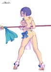  1girl araki_rena ass back bare_shoulders brown_eyes gbmah grin high_heels looking_at_viewer looking_back polearm short_hair simple_background smile solo spear thong tokyo_7th_sisters weapon white_background wrist_cuffs 