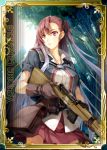  1girl black_ribbon brown_eyes brown_gloves brown_hair collarbone copyright_name forest gloves gun hair_ribbon holding holding_gun holding_weapon long_hair lowres military military_uniform multicolored_hair nature outdoors pleated_skirt red_skirt ribbon riela_marcellis riffle senjou_no_valkyria senjou_no_valkyria_3 silver_hair skirt solo tree two-tone_hair uniform weapon 