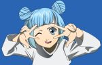  1girl blue_eyes blue_hair double_bun double_v dress hair_bun looking_at_viewer lowres mana_(pokemon) one_eye_closed pokemon pokemon_(game) pokemon_xd short_hair smile tongue tongue_out twintails v v_over_eye white_dress winking 