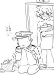  1boy 1girl admiral_(kantai_collection) aircraft airplane anger_vein basket blush bucket budget_sarashi clenched_hand clothes_removed clothes_sniffing collar comic doorway embarrassed epaulettes full-face_blush hair_flaps hat kantai_collection kneeling laundry military military_hat military_uniform mo_(kireinamo) monochrome musashi_(kantai_collection) naked_towel open_mouth peaked_cap sarashi smelling steam sweatdrop towel uniform 
