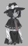  1girl ama-tou bow buttons capelet collar grey_background hat hat_bow jewelry long_sleeves looking_at_viewer necklace ribbon-trimmed_clothes ribbon_trim shirt short_hair skirt sleeve_cuffs solo spot_color touhou usami_renko 