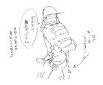  1girl 2boys baseball_cap beanie carrying child closed_eyes crying female_protagonist_(pokemon_sm) hat hscatter kukui_(pokemon) labcoat male_protagonist_(pokemon_sm) monochrome multiple_boys pokemon pokemon_(game) pokemon_sm shirt short_hair simple_background sunglasses t-shirt upper_body white_background 