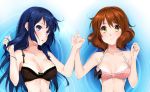  2girls arms_up black_bra black_hair blue_hair blush bra breasts brown_eyes brown_hair frilled_bra frills hand_holding hibike!_euphonium kousaka_reina lace lace-trimmed_bra long_hair lying multiple_girls on_back open_mouth oumae_kumiko pink_bra polka_dot polka_dot_bra qiuzhi_huiyi ripples short_hair smile underwear upper_body violet_eyes water 