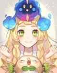  blonde_hair blush braids cosmog green_eyes hat lillie_(pokemon) long_hair pokemon rowlet smile 