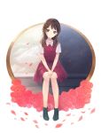  1girl black_boots boots brown_eyes brown_hair dress head_tilt highres kobuta long_hair looking_at_viewer petals red_dress red_flower simple_background sitting solo white_background 