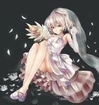  1girl ascot bad_feet bare_shoulders dress elbow_gloves feathered_wings feathers frilled_dress frills full_body gloves grey_background hair_between_eyes high_heels highres houdukixx kishin_sagume knees_up looking_at_viewer orange_eyes shoes short_hair silver_hair single_wing sitting solo touhou veil wedding_dress white_dress white_gloves white_shoes wings 