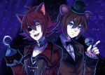  2boys animal_ears bear_ears blue_eyes brown_hair curtains eyepatch fangs felicia-val five_nights_at_freddy&#039;s fox_ears foxy_(fnaf) freddy_fazbear glitch hat highres hook_hand looking_at_viewer microphone mini_hat mini_top_hat multiple_boys open_mouth personification redhead smile top_hat yellow_eyes 