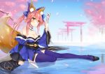  1girl animal_ears bell bell_collar blue_legwear bow breasts cherry_blossoms cleavage collar collarbone detached_sleeves fang fate/extra fate/grand_order fate_(series) fox_ears fox_tail hair_bow hair_ribbon highres hohaku japanese_clothes large_breasts looking_at_viewer pink_hair ribbon solo tail tamamo_(fate)_(all) tamamo_no_mae_(fate) yellow_eyes 