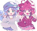  2girls blue_hair coat dress fang fine fushigiboshi_no_futago_hime green_eyes hat index_finger_raised inhye long_hair low_ponytail low_twintails multiple_girls open_mouth pink_hair pleated_skirt pointing ponytail red_eyes redhead rein sharp_teeth skirt smile teeth twintails white_legwear 