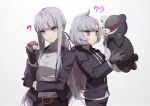  2girls ? ?? bangs belt black_gloves black_jacket black_necktie black_ribbon black_suit blunt_bangs collared_shirt dangan_ronpa dangan_ronpa_3 expressionless formal gloves gradient gradient_background grey_background hair_ribbon hands_on_own_cheeks hands_on_own_face holding jacket kirigiri_kyouko lavender_eyes lila_(pokemon) long_hair long_sleeves look-alike monokuma multiple_girls necktie no-kan poke_ball pokemon pokemon_(game) pokemon_sm ponytail ribbon shirt sidelocks silver_hair suit tagme tsurime upper_body very_long_hair white_shirt 