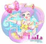  aqua_eyes character_name gem green_eyes long_hair looking_at_viewer manaka_lala microphone moudoku_(decopon3rd) one_eye_closed open_mouth pripara purple_hair simple_background smile text twintails v very_long_hair 