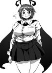  1girl antennae blush bow breasts cape commentary covered_navel dress_shirt fat greyscale grin highres ichigo_kotou juliet_sleeves large_breasts long_sleeves looking_at_viewer monochrome older pleated_skirt plump puffy_sleeves shirt short_hair skirt smile solo thick_thighs thighs touhou wriggle_nightbug 