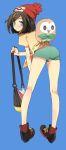  10s 1girl ass bag bangs bare_legs beanie black_hair blue_background blue_eyes blush closed_mouth female_protagonist_(pokemon_sm) from_behind full_body green_shorts handbag hat highres leaning_forward looking_at_viewer looking_back nintendo pokemon pokemon_(creature) pokemon_(game) pokemon_sm red_hat rowlet s_ko shirt shoes short_hair short_shorts short_sleeves shorts smile sneakers swept_bangs t-shirt 