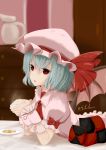  1girl absurdres artist_name artist_request ascot bat_wings blue_hair brooch chest_of_drawers cookie cup dress elbow_rest food hat highres jewelry looking_at_viewer mob_cap open_mouth pillow pink_dress puffy_short_sleeves puffy_sleeves red_eyes remilia_scarlet short_sleeves slit_pupils solo steam touhou wings wrist_cuffs 