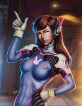 1girl absurdres backlighting bangs bodysuit bracer breasts brown_eyes brown_hair bunny_print clenched_hand d.va_(overwatch) dust facepaint facial_mark finger_gun gloves hand_on_hip headphones high_collar highres indoors light_rays long_hair medium_breasts one_eye_closed overwatch pilot_suit pink_lips ribbed_bodysuit shoulder_pads skin_tight solo swept_bangs tingzuo_liu upper_body whisker_markings white_gloves 