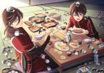  2boys black_hair blue_eyes character_doll dutch_angle eating food horikawa_kunihiro izumi-no-kami_kanesada japanese_clothes mochimochi_mascot multiple_boys rainsp rice_bowl sushi tatami touken_ranbu 