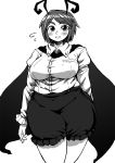  1girl antennae blush bow breasts cape commentary covered_navel dress_shirt fat greyscale grin highres ichigo_kotou juliet_sleeves large_breasts long_sleeves looking_at_viewer monochrome older plump puffy_sleeves shirt short_hair shorts smile solo thick_thighs thighs touhou wriggle_nightbug 