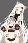  2girls :3 alternate_costume animal_ears bare_shoulders bikini breasts cain_(inosennto007) cat_ears claws detached_sleeves fur_bikini gloves hand_on_another&#039;s_head hand_on_another&#039;s_shoulder highres horn horns kantai_collection long_hair midriff multiple_girls navel northern_ocean_hime one_eye_closed orange_eyes pale_skin paw_gloves red_eyes seaport_hime sideboob simple_background swimsuit white_hair 