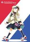  1girl beret blonde_hair blue_hair commandant_teste_(kantai_collection) commentary_request flag_background green_eyes hat jacket kantai_collection kitsuneno_denpachi long_hair looking_back multicolored_hair plaid redhead scarf shoes skirt smile solo white_hair 