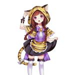  1girl :o animal_ears bell braid brown_hair cat_ears cat_tail dress eyebrows_visible_through_hair fake_animal_ears front_braid hood jingle_bell long_hair looking_at_viewer manekohime_wenzudei official_art open_mouth pink_eyes ribbon skirt skirt_lift solo tail thigh-highs tiger_print transparent_background twintails uchi_no_hime-sama_ga_ichiban_kawaii wrist_ribbon 