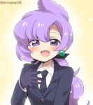 1girl :d ahoge black_gloves black_jacket black_necktie black_ribbon blazer blush commentary_request eromame gloves hair_ribbon jacket lila_(pokemon) long_hair long_sleeves low_ponytail necktie nintendo open_mouth pokemon pokemon_(game) pokemon_sm purple_hair ribbon smile solo twitter_username upper_body violet_eyes