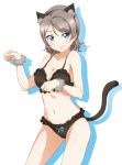  1girl animal_ears black_bra black_panties blue_eyes bra breasts brown_hair cat_ears cat_tail cleavage fang highres looking_at_viewer love_live! love_live!_school_idol_project love_live!_sunshine!! panties paw_pose ribbon short_hair simple_background smile solo surfing_orange tail underwear watanabe_you 