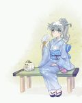  bench blue_eyes fan grey_hair hair_ornament highres iesupa japanese_clothes kimono rwby scar weiss_schnee 