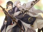  2boys black_gloves black_hair blue_eyes coma_(macaron) gloves hood japanese_clothes katana locked_arms male_focus mikazuki_munechika multiple_boys open_mouth partly_fingerless_gloves sayagata smile sword touken_ranbu tsurumaru_kuninaga weapon white_hair yellow_eyes 