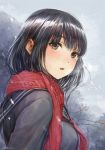  1girl black_eyes black_hair breath commentary_request looking_at_viewer looking_back original scarf short_hair snow solo upper_body winter yamaoka_sawara 