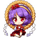  1girl chibi eyebrows_visible_through_hair ginkgo_leaf hair_ornament hairband hand_on_own_knee layered_clothing leaf leaf_hair_ornament long_sleeves looking_at_viewer lowres maple_leaf puffy_short_sleeves puffy_sleeves purple_hair red_eyes red_shirt red_skirt rope sandals shimenawa shinobu_shinobu shirt short_hair short_sleeves sitting skirt smile solo touhou yasaka_kanako 