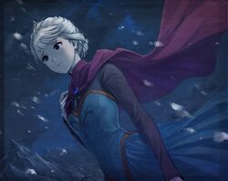  1girl blonde_hair cape commentary_request disney dress dutch_angle elsa_(frozen) frozen_(disney) hair_up looking_afar mountain night outdoors snow snowing solo wind winter yamaoka_sawara 