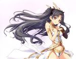 1girl black_hair breasts brown_eyes earrings fate/grand_order fate_(series) ishtar_(fate/grand_order) jewelry long_hair looking_at_viewer shibamine_takashi simple_background small_breasts smile solo two_side_up underwear white_background wind