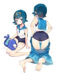  1girl ass bad_feet blue_eyes blue_hair from_behind hairband highres kanro_ame_(ameko) one-piece_swimsuit pokemon pokemon_(creature) pokemon_(game) pokemon_sm popplio short_hair simple_background sleeping suiren_(pokemon) swimsuit swimsuit_under_clothes white_background 