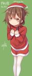  1girl brown_eyes brown_hair clenched_hands folded_ponytail gurande_(g-size) hands_on_own_chest hat highres inazuma_(kantai_collection) kantai_collection long_hair pantyhose santa_hat smile solo sweater 