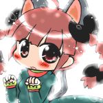  1girl ahoge animal_ears annyui antenna_hair blush braid cat_ears cat_tail chibi commentary_request dress extra_ears green_dress kaenbyou_rin multiple_tails red_eyes redhead tail touhou twin_braids two_tails 