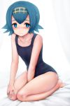  1girl bangs bare_legs bare_shoulders barefoot bed_sheet between_legs black_swimsuit blue_eyes blue_hair blush breasts closed_mouth collarbone ginhaha hairband hand_between_legs hand_on_own_knee looking_at_viewer on_bed one-piece_swimsuit pokemon pokemon_(game) pokemon_sm seiza short_hair sitting small_breasts smile solo suiren_(pokemon) swimsuit white_background 