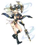  1girl axe blonde_hair boots breasts cleavage earrings facial_mark feathers fingerless_gloves floating_hair full_body ginny_(royal_flush_heroes) gloves hair_feathers highres holding_axe jewelry large_breasts long_hair navel official_art royal_flush_heroes scarf solo transparent_background weapon yellow_eyes 